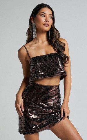 Showpo Barlyn Mini Skirt - High Waisted Aline Flat Sequin Skirt Chocolate | CQBNVH195