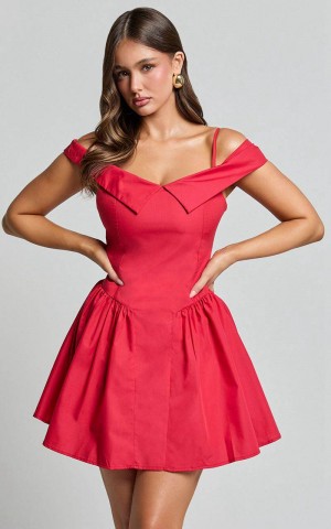 Showpo Bea Mini Dress - Off The Shoulder Fit And Flare Dress Red | JOIZCE239