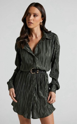 Showpo Beca Mini Dress - Crinkle Button Up Shirt Dress Olive | EMUSXK412