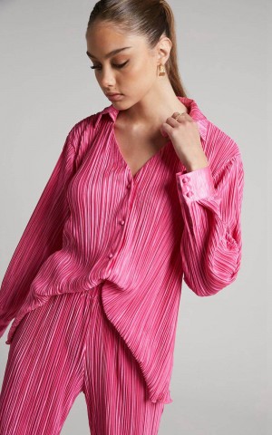 Showpo Beca Shirt - Plisse Button Up Shirt Pink | OCMLEG073