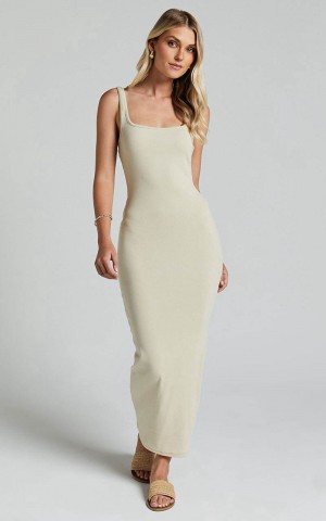 Showpo Bernadelle Midi Dress - Square Neckline Bodycon Dress Beige | LFIPYZ625