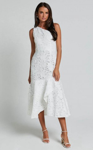 Showpo Beth Midi Dress - One Shoulder Ruffle Hem Lace Dress White | IWHUAS019