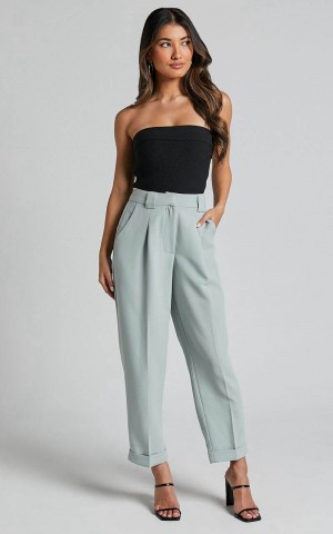 Showpo Bethanie Pants - Mid Rise Tailored Cuffed Relaxed Pants Sage | VXJIQR761