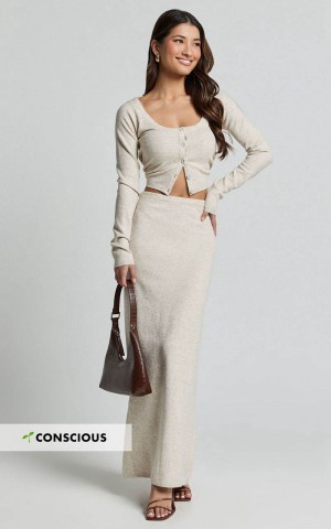 Showpo Beverly Two Piece Set - Recycled Knitted Scoop Neck Cardigan Top And Column Maxi Skirt Set Oat Marle | UYSTMW408