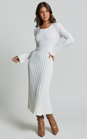 Showpo Blaire Midi Dress - Long Sleeve Tie Back Flare Dress Ivory | WQHMLB531