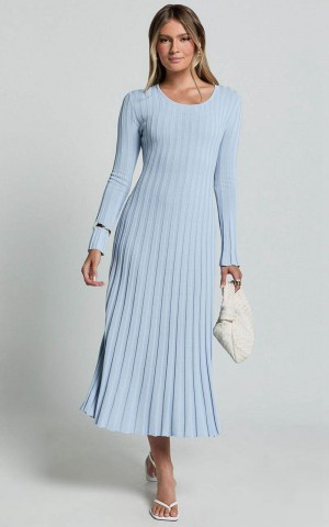 Showpo Blaire Midi Dress - Long Sleeve Tie Back Flare Dress Blue | PKWUND325