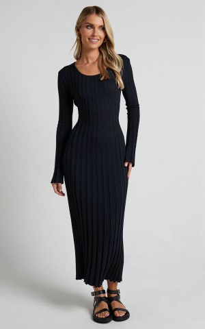 Showpo Blaire Midi Dress - Long Sleeve Tie Back Flare Dress Black | HJXVBM639