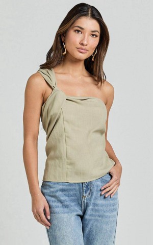 Showpo Bobbi Top - Linen Look Knot Detail One Shoulder Top Sage | MODAYR964