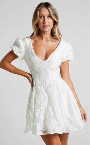 Showpo Brailey Jacquard Mini Dress - Puff Sleeve Dress White | YQJBFH086