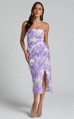 Showpo Brailey Midi Dress - Thigh Split Strapless Dress Purple Jacquard | EIQNTG321