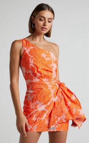 Showpo Brailey Mini Dress - One Shoulder Wrap Front Dress Orange Jacquard | KAXMYR238