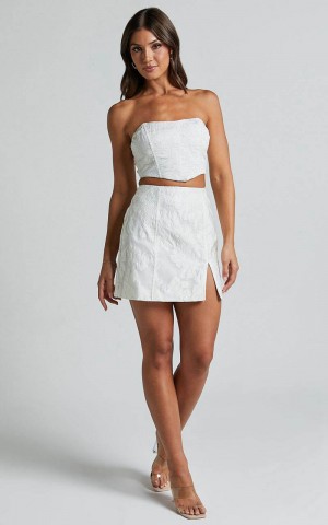 Showpo Brailey Mini Skirt - Split Jacquard Skirt White | VCFWJK692