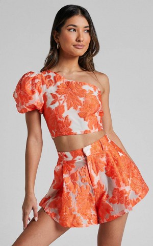 Showpo Brailey Two Piece Set - One Shoulder Puff Sleeve Top And Shorts Set Orange Jacquard | TKXAFW485