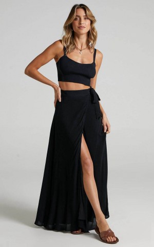 Showpo Break A Leg Maxi Skirt - Wrap Tie Skirt Black | MTHFAQ516