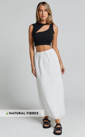 Showpo Bree Midi Skirt - Tie Waist Linen Look A Line Skirt White | GNIWVC728