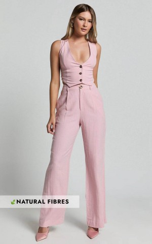 Showpo Bree Pants - Linen Look Mid Rise Relaxed Straight Leg Tailored Trousers Light Pink | ZKPHEC423