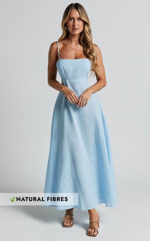 Showpo Brette Midi Dress - Linen Look Straight Neck Strappy Fit And Flare Dress Blue | UMZIKH810