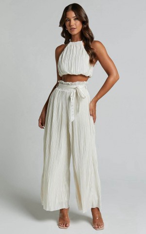 Showpo Briana Two Piece Set - High Neck Top And Paperbag High Waist Plisse Pants Set Cream | ZVNXCH875