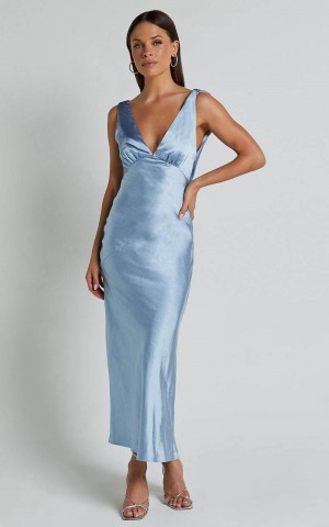 Showpo Brienne Midi Dress - Plunge Cowl Back Satin Dress Blue | WLHMEG713