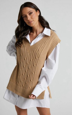 Showpo Cadha Vest - Knit Sweater Vest Camel | FOLHWA037