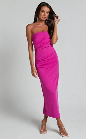 Showpo Calanthe Midi Dress - Strapless Tuck Detail Dress Orchid | EMXAFS510