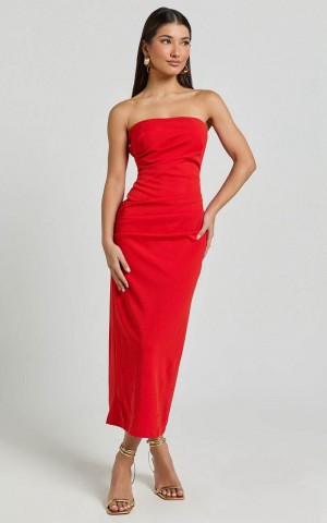 Showpo Calanthe Midi Dress - Strapless Tuck Detail Dress Red | KNJGWZ261