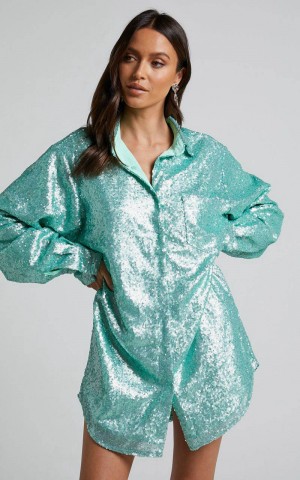 Showpo Cally Mini Dress - Oversized Shirt Dress Aqua Sequin | XCFAGK230