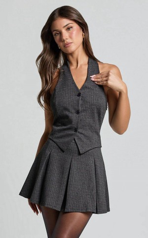 Showpo Camille Mini Dress - Halter Neck Vest And Pleated Skirt Mini Dress Charcoal Pinstripe | XIEKBA123