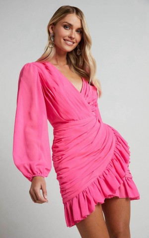 Showpo Can I Be Your Honey Mini Dress - Plunge Balloon Sleeve Dress Hot Pink | OSEHKM137