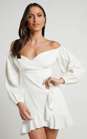 Showpo Can't Move On Mini Dress - Linen Look Off Shoulder Dress White Linen Look | NTLXSE467