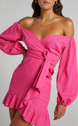 Showpo Cant Move On Off Shoulder Mini Dress Hot Pink Linen Look | GWZKFO178