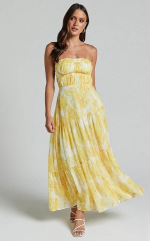 Showpo Cardelyn Midi Dress - Strapless Tiered Dress Yellow Floral | ULNCTI380