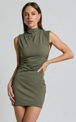 Showpo Carleigh Mini Dress - High Neck Ruched Bodycon Dress Olive | ORASGC340