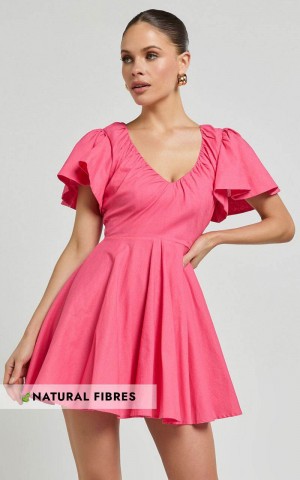 Showpo Carli Mini Dress - Linen Look Ruched Bodice Bell Sleeve Dress Pink | JVEFYL235