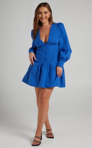 Showpo Carlyle Mini Dress - Long Sleeve Corset Dress Bright Blue | HKFAWS538