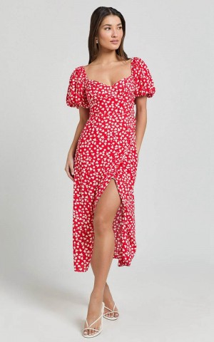 Showpo Carlyn Midi Dress - Sweetheart Puff Sleeve Wrap Dress Red Floral | AHYRMC123