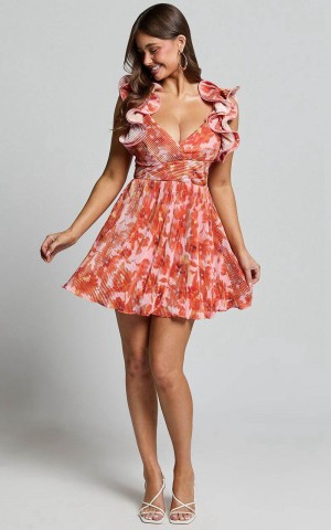 Showpo Carol Mini Dress - Pleated Fabric With Ruffle Trims Dress Orange Floral Print | YBDGFR982