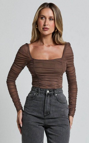 Showpo Casen Bodysuit - Long Sleeve Ruched Mesh Bodysuit Chocolate | NISEUZ129