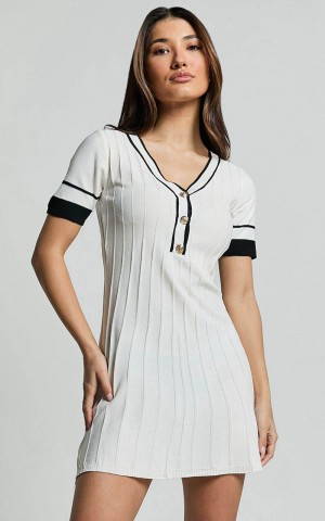 Showpo Cassandra Mini Dress - Knit Contrast Mini Dress Ivory Black | GCHBNA738