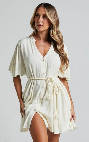 Showpo Cathe Mini Dress - V Neck Button Through Short Flutter Sleeve Tie Waist Off White | OYZGKJ896