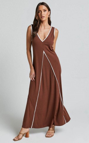 Showpo Cathleen Midi Dress - Ribbed Sleeveless Low Back Dress Chocolate With White Contrast | GCAVNT762