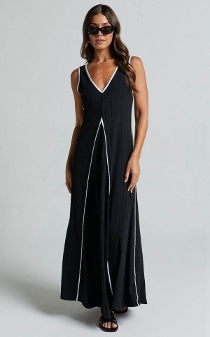 Showpo Cathleen Midi Dress - Ribbed Sleeveless Low Back Dress Black | MPQWNX483