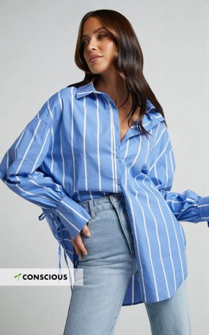 Showpo Cazie Shirt - Tie Cuff Long Sleeve Shirt Light Blue Stripe | XIYBKJ804