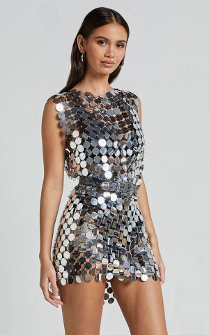 Showpo Cece Mini Skirt - Circle Sequin Bodycon Skirt Silver | CFXAOH403