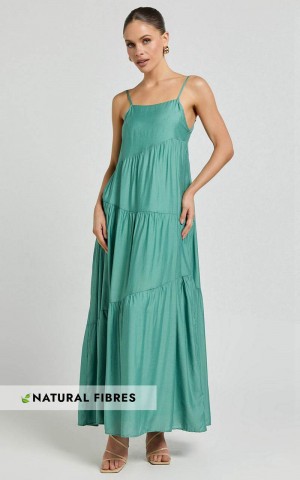 Showpo Cecila Midi Dress - Straight Neckline Sleeveless Dress Sage | HSMBCU659