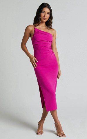 Showpo Cedrych Midi Dress - Side Cut Out Asymmetric Bodycon Dress Fuschia | DKHIFX820