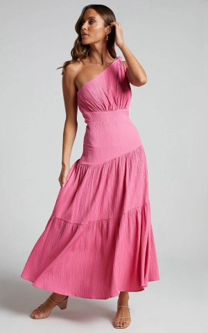 Showpo Celestia Midi Dress - Tiered One Shoulder Dress Bright Pink | HCXSAG805