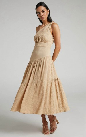 Showpo Celestia Midi Dress - Tiered One Shoulder Dress Sand | XTWBAG627