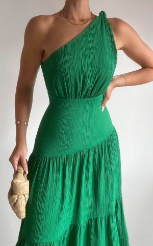 Showpo Celestia Midi Dress - Tiered One Shoulder Dress Green | TVUHGK649