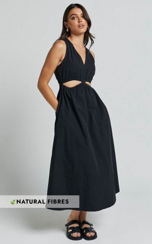 Showpo Celiana Midi Dress - Plunge Elastic Waist Cut Out Sleeveless A Line Dress Black | MTYBHQ842